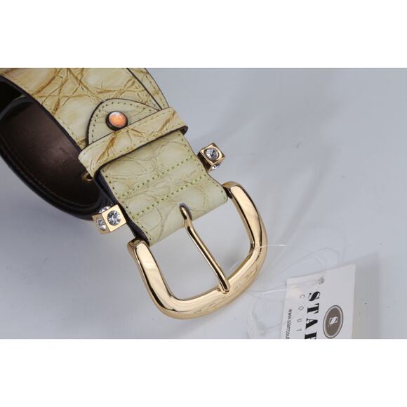 Wide Croc Embossed Leather Belt Size 46 Cream Gold Crystal Buckle main image 6